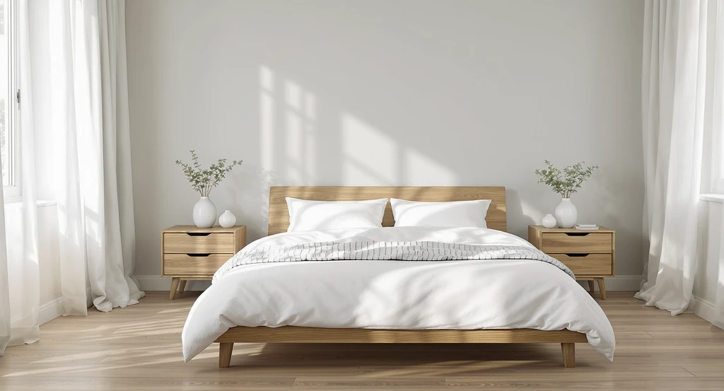 Minimalist bedroom design featuring limewash-painted accent wall, matching wood nightstands and flooring, and fresh simple florals for a calm, welcoming space.