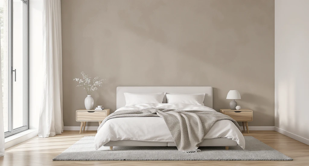 Minimalist bedroom featuring a taupe limewash accent wall, matching wooden nightstands and flooring, and simple florals, all creating a calm space.