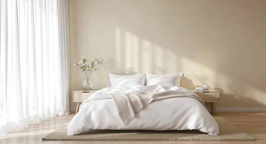 Minimalist bedroom with a muted limewash accent wall behind the bed, matching wood nightstands and flooring, and simple white florals for a calm, cohesive space.