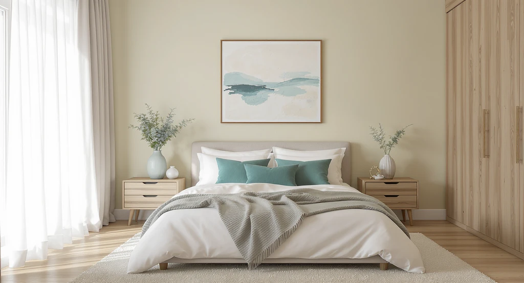 Minimalist bedroom with limewash walls, a white bed, matching wood nightstands, and coordinated teal accents in pillows, decor, and wall art for calm, cohesive design.