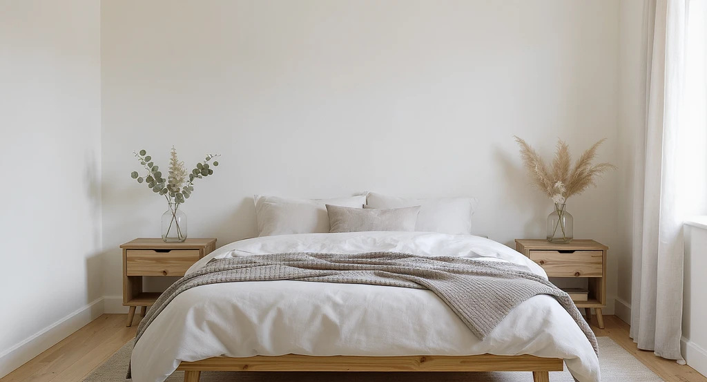 Minimalist bedroom with a limewash accent wall, matching wood nightstands, cohesive flooring, and simple florals—pampas grass and eucalyptus—creating a calm, inviting space.