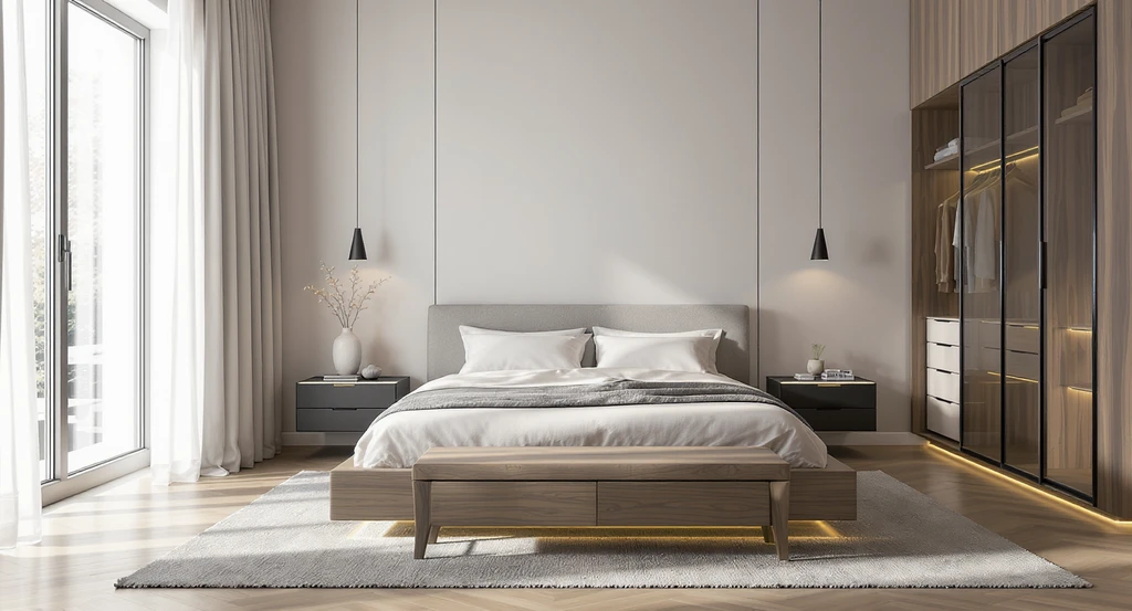 Photorealistic modern bedroom with a king-size bed, black furniture, storage bench, and modular wardrobe, illustrating how to choose bedroom furniture that fits and optimal bedroom furniture layout for small spaces.