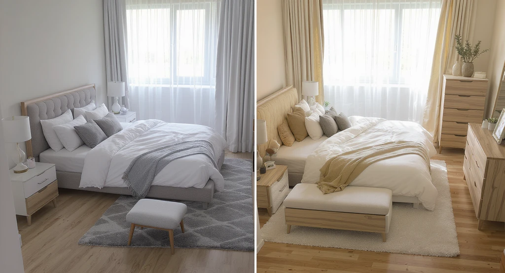 Bedroom showing how to choose furniture that fits, comparing cramped layout with tiny nightstands to a balanced bedroom furniture layout for small spaces.