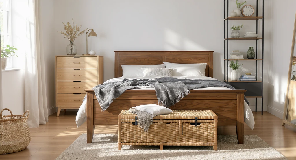 Mixed wood tones and materials in a bedroom, featuring a walnut bed frame, oak dresser, black metal nightstand, and a rattan storage bench. Shows how to choose bedroom furniture that fits, a multi-tone bedroom furniture layout for small spaces, addresses whether black furniture makes a bedroom look smaller, and includes a bench with storage for small bedrooms and considerations for if a king size bed will fit in your room.