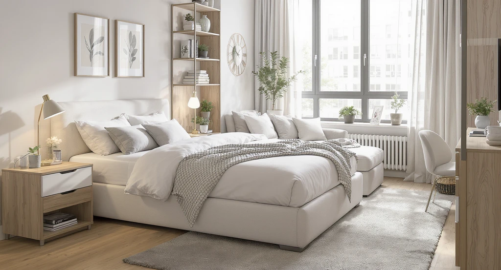 Small, photorealistic bedroom with a bench with storage for small bedrooms, under-bed drawers, a nightstand/desk, and smart bedroom furniture layout for small spaces, illustrating how to choose bedroom furniture that fits tight layouts.