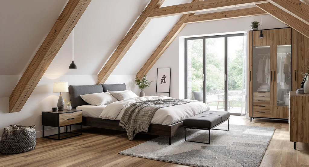 Small modern bedroom with sloped ceiling, king-size bed, bench with storage, slim nightstands, and black accents showing how to choose bedroom furniture that fits.