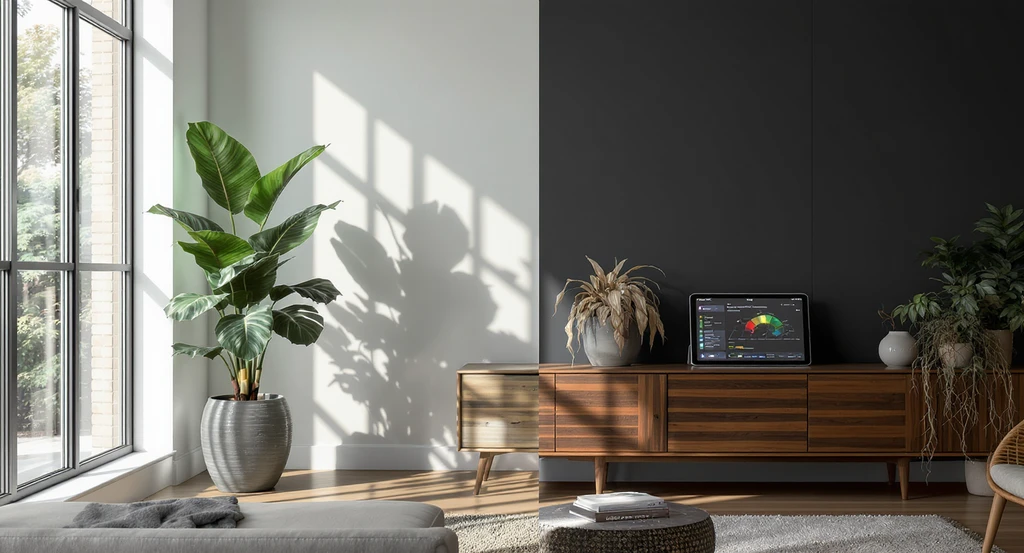 Modern living room showing virtual plant placement with ai tools, comparing thriving and wilted houseplants by window and in low light zones, illustrating ai home design ideas for plant lovers.