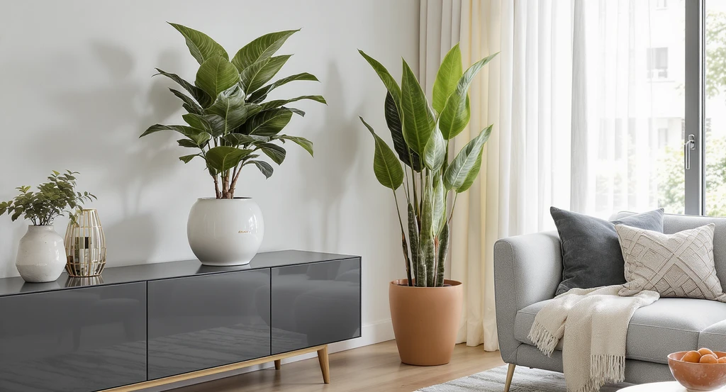 Highly realistic living room featuring shoppable houseplants in branded ceramic planters, highlighting ai home design ideas for houseplants and trustworthy virtual plant placement with ai tools.