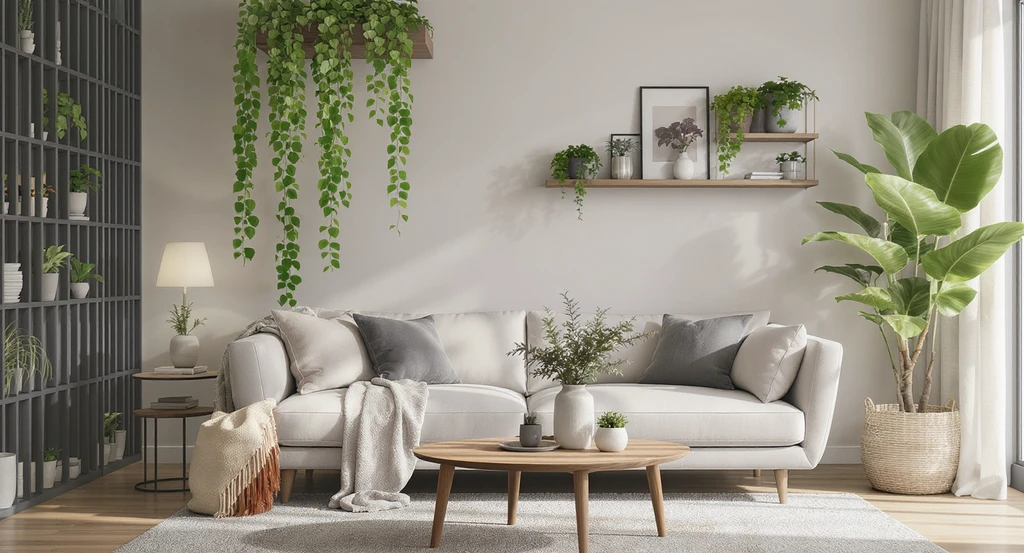 Modern living room showing ai room makeover with indoor plants, including virtual plant placement with ai tools; hanging, trailing, and wall-mounted houseplants displayed. Best ai interior design apps for plant lovers demonstrated realistically.