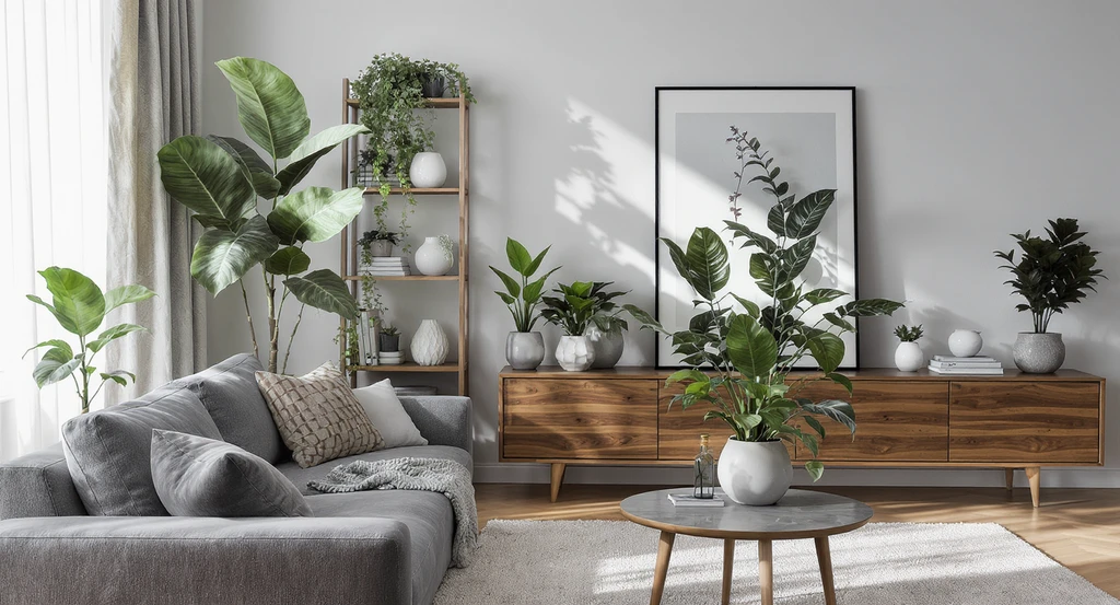 Modern living room corner showing ai home design ideas for houseplants, with virtual plant placement by ai tools visible on a tablet. Foliage matches room layout, demonstrating best ai interior design apps for plant lovers and how ai visualizes low light plant decor in a realistic ai room makeover with indoor plants.
