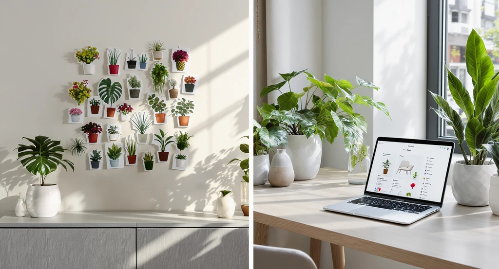 Editorial image of a modern living room showing traditional moodboards with mismatched plants versus virtual plant placement using ai home design ideas, highlighting how ai visualizes low light plant decor and ensures style consistency.