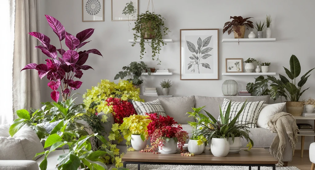 Living room with virtual plant placement by ai home design tools, showing mismatched colorful foliage that disrupts the decor. Demonstrates how ai interior design apps for plant lovers visualize low light plant decor and highlight the importance of cohesive ai room makeover with indoor plants.