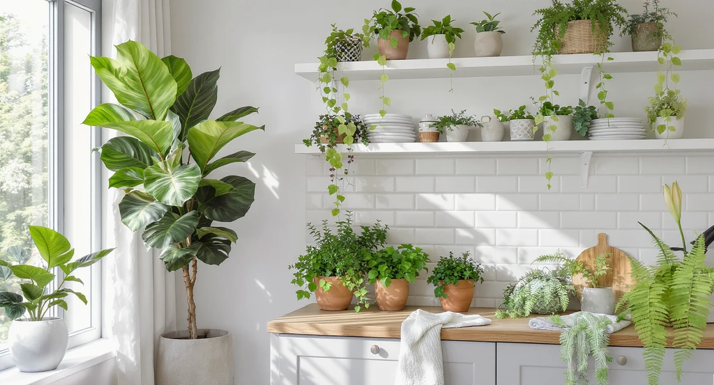 Modern home interiors with fifteen realistic indoor plants placed in living room, kitchen, bedroom, and office, showcasing ai home design ideas for houseplants, virtual plant placement with ai tools, and best ai interior design apps for plant lovers in a naturally-lit setting.