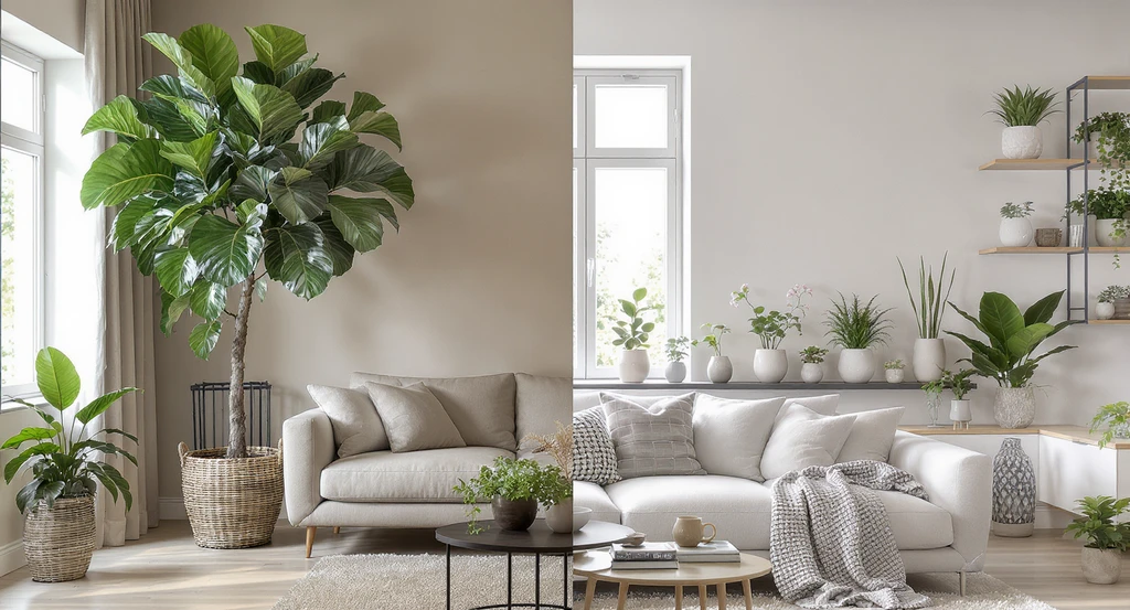 Modern living room with a large fiddle-leaf fig overwhelming a small sofa and balanced shelves with small succulents, showing ai home design ideas for houseplants and virtual plant placement with ai tools for perfect plant-to-furniture ratios.