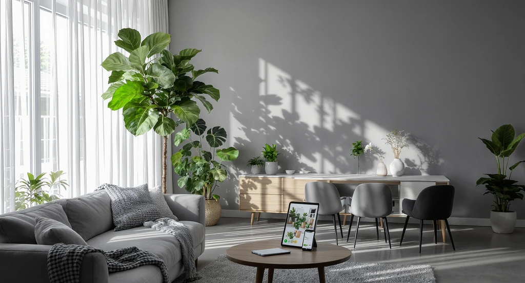 Ultra-realistic living and dining area visualized with ai home design ideas for houseplants, showing virtual plant placement with ai tools and low light plant decor. Best ai interior design apps preview plant scale and room makeover with indoor plants.
