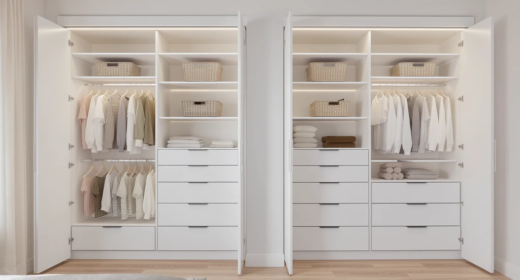 Modern his and hers bedroom closet with visually balanced, symmetrical storage solutions, matching cabinetry, and organized baskets for couples.