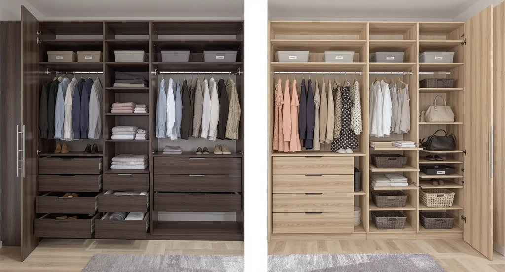 Neatly organized his and hers bedroom closet for couples, featuring smart storage solutions, vertical shelving, and balanced zones on each side.
