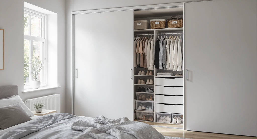 Modern bedroom closet maximizes vertical and under-bed storage with slim hangers, stackable bins, and drawer units—smart bedroom closet organization ideas for couples.