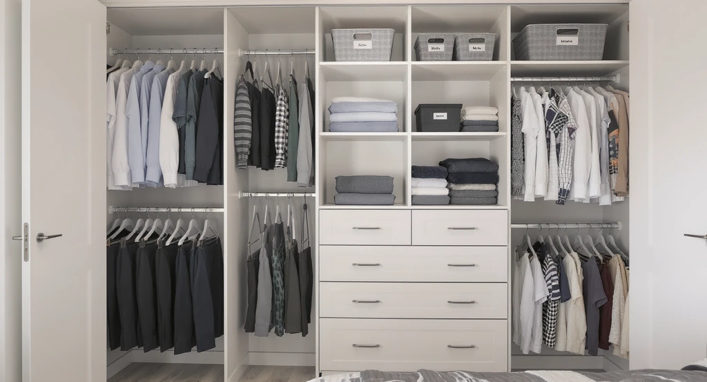 Bedroom closet showing organized vertical zones: double rods for shirts and pants, top shelves for storage bins, and mid-level shelves for daily wear—ideal bedroom closet organization ideas for couples and best storage solutions for small closets.