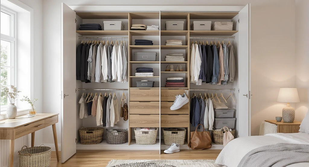 Modern shared bedroom with open closet showing his and hers zones, highlighting common closet organization mistakes couples make and practical storage ideas.