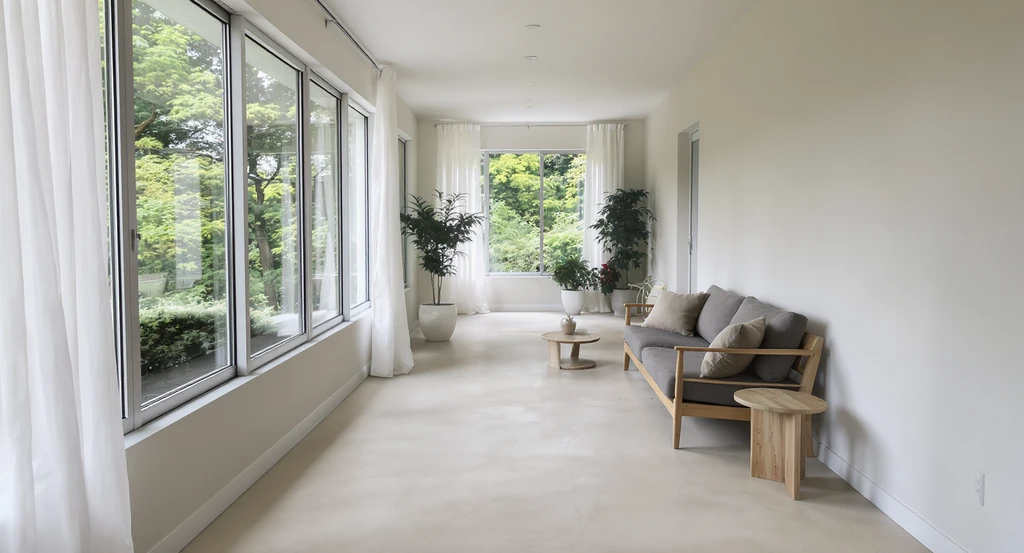 Narrow second-floor sunroom with a clear 36-inch walkway, furniture placed along one wall, and abundant natural light—highlighting AI sunroom layout design tips and virtual staging for narrow sunrooms to avoid common layout mistakes and optimize light.