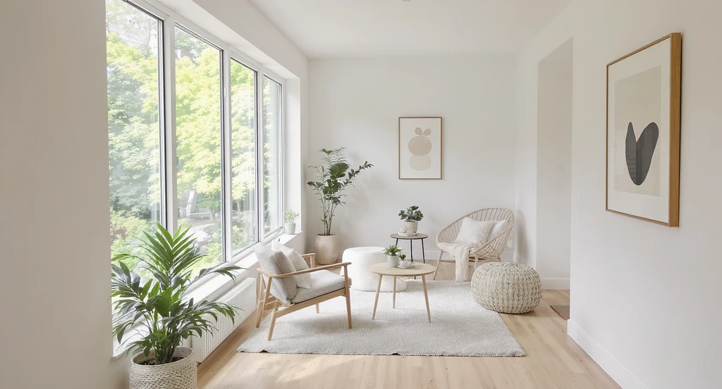 Photorealistic virtual staging of a narrow second-floor sunroom with optimized furniture layout, showcasing light optimization and ai sunroom layout design tips.