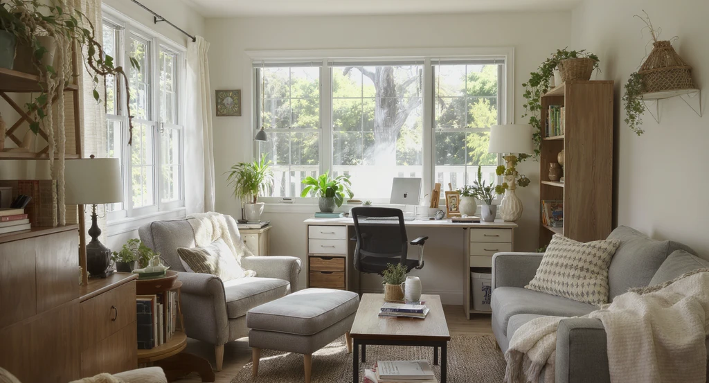 Photorealistic narrow second-floor sunroom cluttered with excess furniture and decor, illustrating how to avoid sunroom layout mistakes. Virtual staging for narrow sunrooms, ai sunroom layout design tips, and light optimization in ai sunroom design are demonstrated.