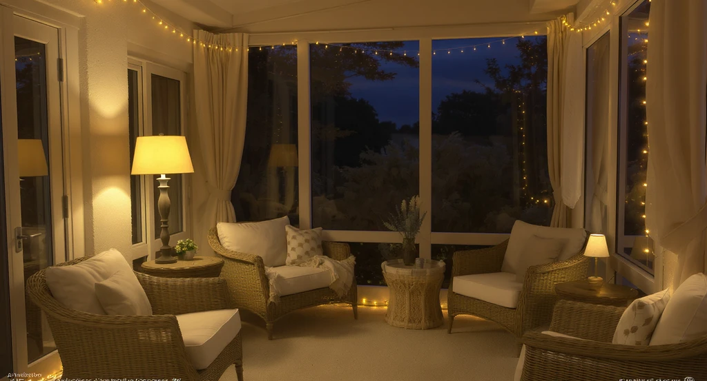 Narrow second-floor sunroom with layered lighting, including floor and table lamps plus perimeter string lights, showing advanced ai sunroom layout design tips and optimal light planning for virtual staging in narrow sunrooms.