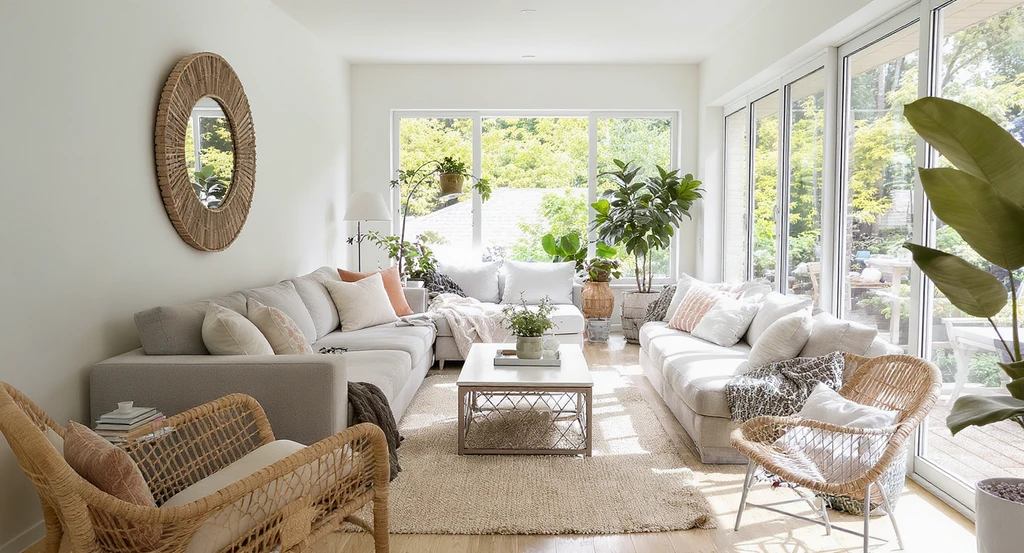 Photorealistic narrow second-floor sunroom with layout mistakes, showing cluttered oversized furniture and blocked walkway. AI sunroom layout design tips for virtual staging and light optimization are showcased in this setup.