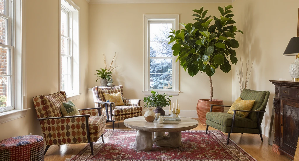 Narrow second-floor sunroom with competing anchor pieces, showing two bold chairs, a large coffee table, and a statement plant, demonstrating ai sunroom layout design tips for how to avoid sunroom layout mistakes and optimize light in virtual staging.