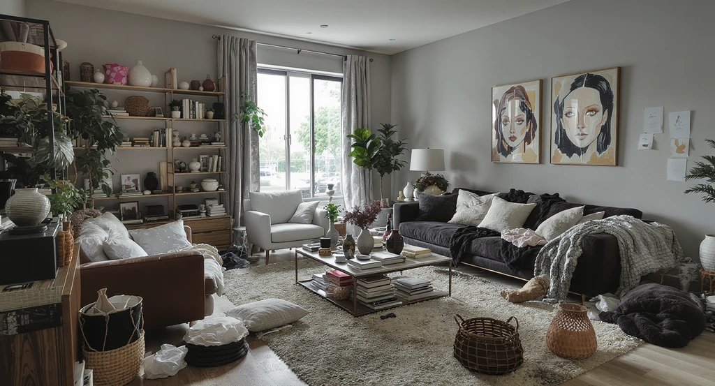 Modern living room showing common AI home design mistakes to avoid, including poor furniture placement, blocked light, and clutter, highlighting how to fix poor room layout with AI tips for functional spaces and virtual staging AI for furniture placement.