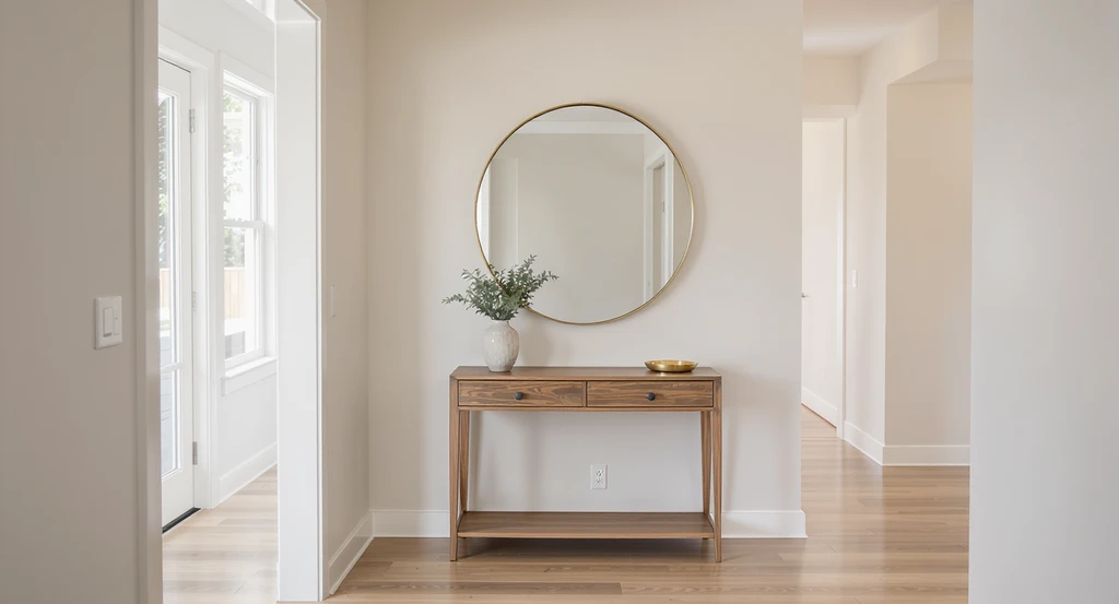 A modern foyer uses ai powered entryway design ideas, featuring a wall mirror and console table as a virtual foyer focal point with curated decor.