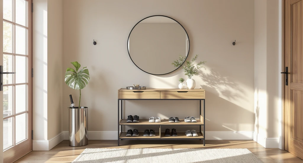 Modern, real-world foyer with organized entryway essentials, neat console table, mirror, subtle storage, and decor exemplifying ai powered entryway design ideas.