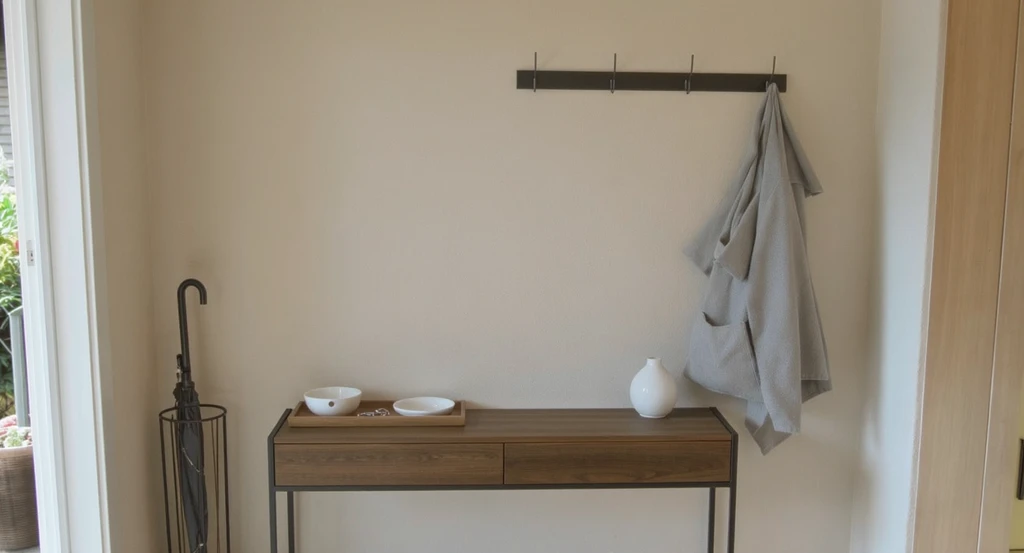 Photorealistic AI-powered entryway design showing a slim console, wall-mounted tray for mail, bowl for keys, coat hooks, and uncluttered foyer organization.