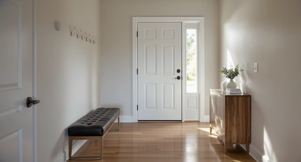 Modern foyer with a clear 30-inch wide walkway, entryway bench and console against wall, showing how ai powered entryway design ideas and virtual foyer makeover using ai tools help create inviting, organized spaces without clutter.