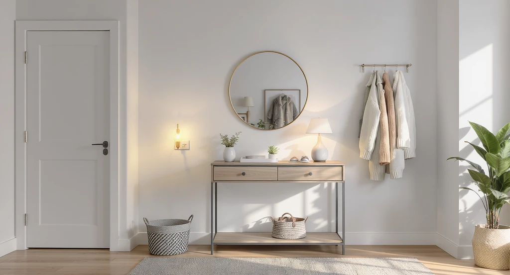 A bright, organized foyer with a console table, wall mirror, minimal decor, and tidy coat rack, illustrating ai powered entryway design ideas and virtual foyer makeover using ai tools for creating inviting entryways.