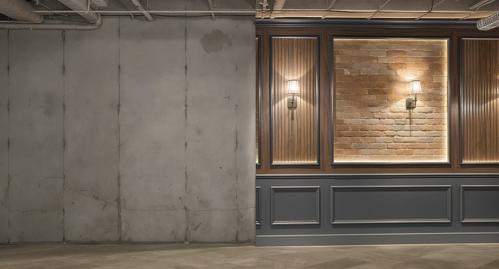 Modern restaurant basement room showing creative wall decor with fluted panels, brick, wall moldings, gallery lighting, and mural art for best lighting and visual appeal. Alt text uses restaurant basement room design ideas, best lighting for restaurant basements, creative wall decor for basement restaurants, restaurant basement safety and code requirements.