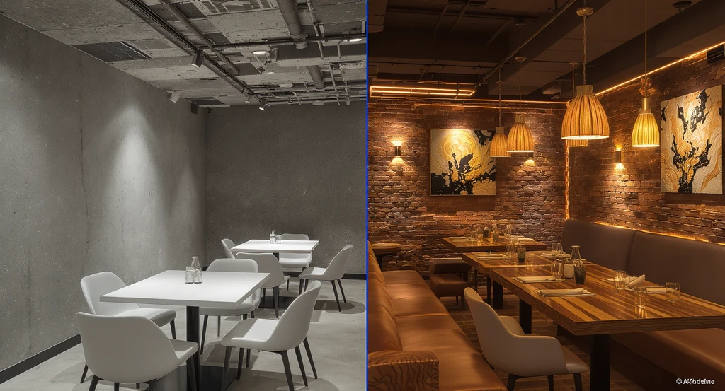 Restaurant basement room design with harsh overhead lighting on one side and layered, warm ambient, accent, and task lights on the other, showcasing best lighting for restaurant basements and creative wall decor.