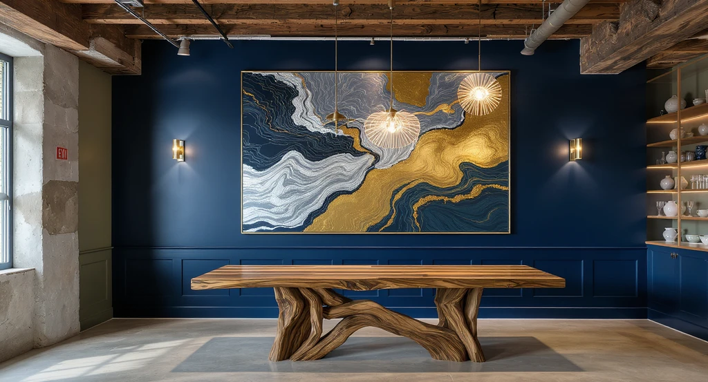 Restaurant basement room design ideas showing a bold statement wall mural, dramatic chandelier, and accent lighting for visual focus; best lighting for basement restaurant safety and code compliance.