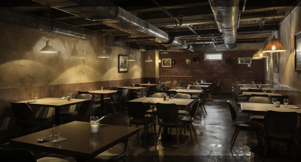 A photorealistic modern restaurant basement room with low ceilings, poor lighting, unfinished walls, and a cluttered table layout showcasing common restaurant basement room design ideas and problems.