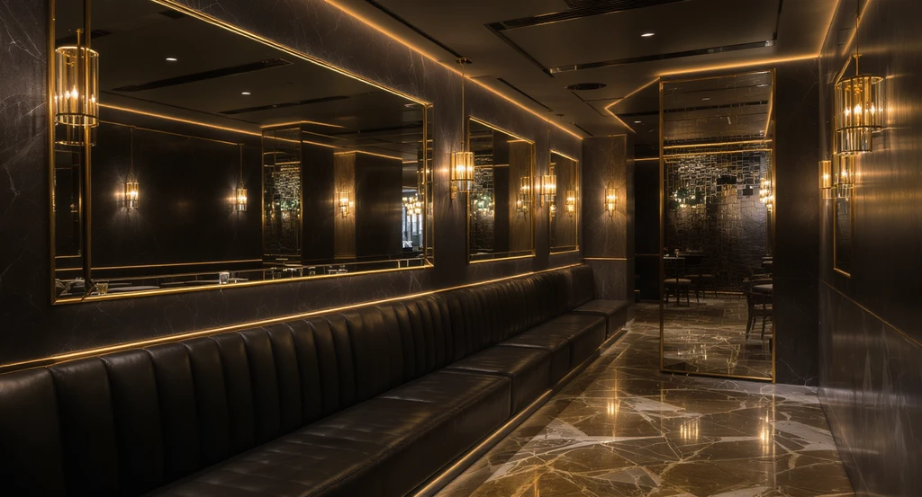 Restaurant basement room design ideas using large mirrors and metal accents, demonstrating best lighting for restaurant basements and creative wall decor for basement restaurants.