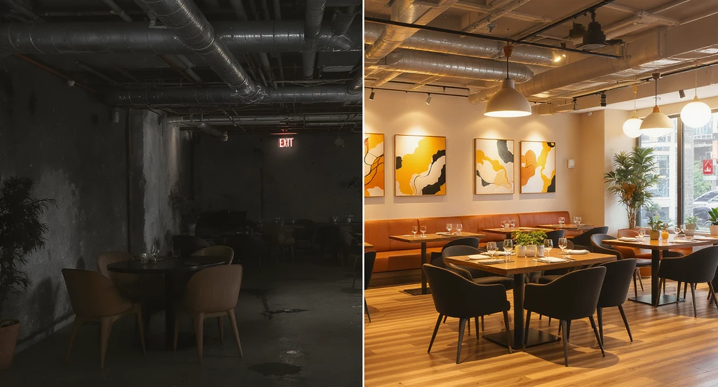 Modern restaurant basement room split to show design mistakes and solutions, featuring the best lighting, creative wall decor, and visible safety features.