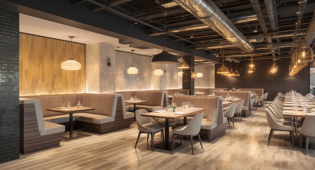 A realistic restaurant basement room design showing creative zoning ideas, booth-style banquettes, pendant lighting, and safe, clear walkways.