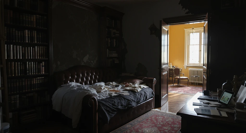 North-facing dark academia library-bedroom with mismatched paint colors, daybed, trundle, bookshelves, and virtual paint color visualization tool on desk, illustrating how to use ai for room makeover and best ai home design apps for moody spaces.