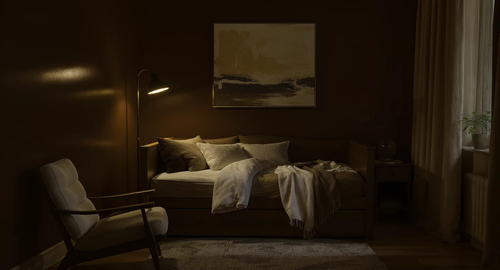 Ultra-realistic ai home design for dark academia bedrooms using a virtual paint color visualization tool shows a daybed with lumbar cushion set against deep brown walls, highlighting how to use ai for room makeover and the best ai interior design apps for moody spaces.