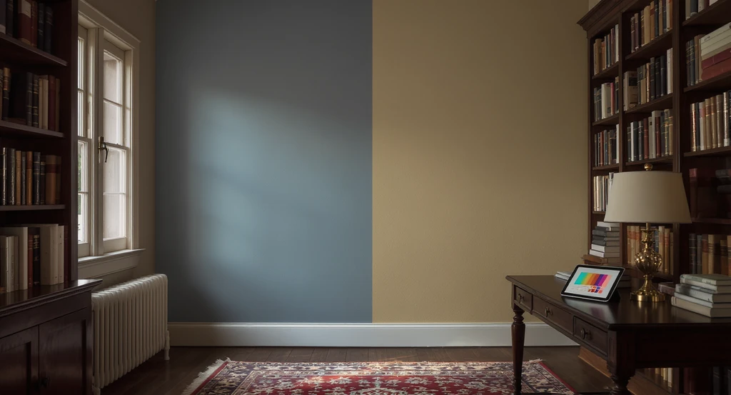 Photorealistic ai home design for dark academia bedrooms, comparing cool grey vs. warm taupe paint swatches in a north-facing room using a virtual paint color visualization tool on a desk. Best ai interior design apps for moody spaces and how to use ai for room makeover are illustrated visually.