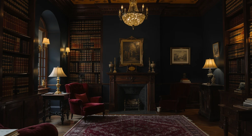 AI home design for dark academia bedrooms shows layered warm lighting—ceiling, wall, shelf, and floor lamps—highlighting moody colors and rich textures using a virtual paint color visualization tool.