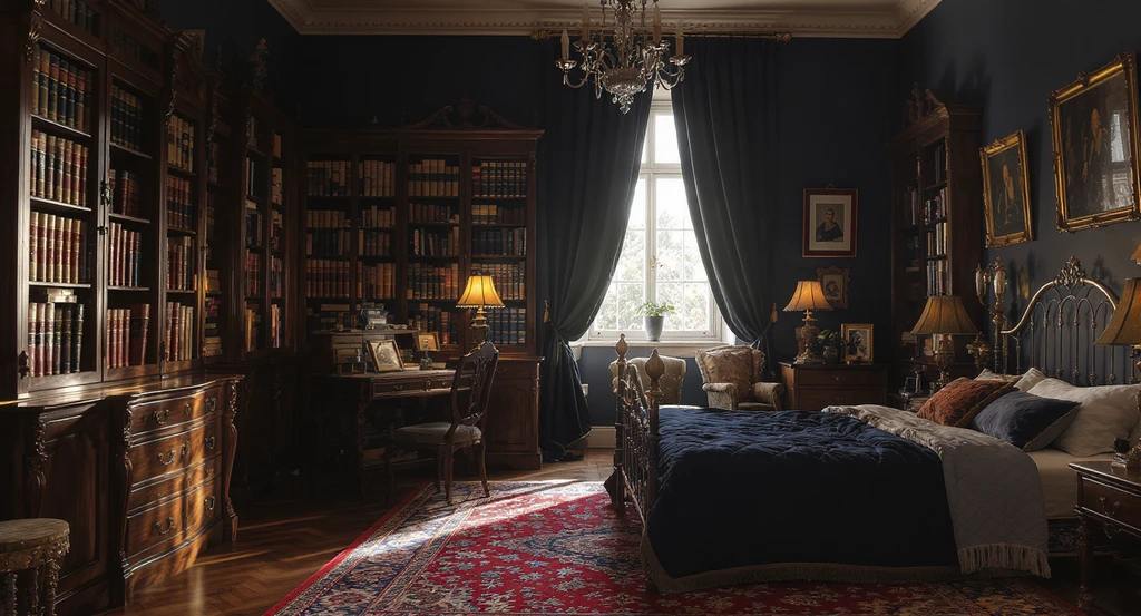 Dark academia library bedroom featuring mismatched wall paint colors, rich wooden bookcases, classic bed, and velvet drapes, visualized using ai home design for dark academia bedrooms and virtual paint color visualization tool.