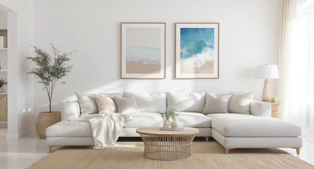 Sunlit living room with two framed coastal and aerial beach art prints hung above a sectional sofa, illustrating how to decide artwork orientation for interior design.