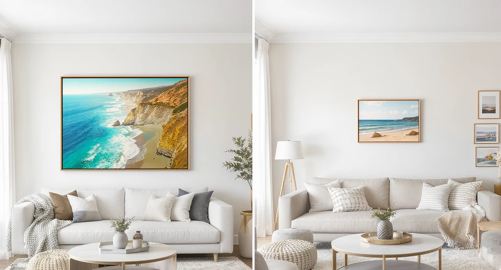 Editorial living room visualizing correct artwork scale and spacing for coastal aerial beach art, showing effects of ignoring recommended clearance and visual balance.